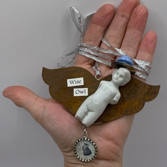 Mixed Media Wise Owl Broken Charlotte Doll Angel Necklace Ornament Handmade J691 - Picture 3 of 7